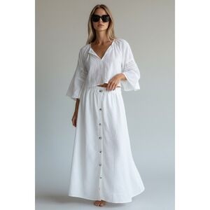 White Button Front Size Large Maxi Skirt  Elastic Waist Coastal Summer